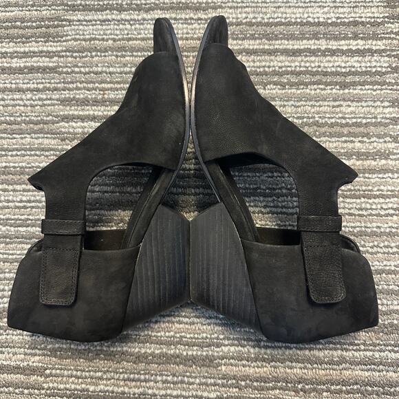 Eileen Fisher Black Iris Nubuck Leather Block Heel Cut-Out Sandal Open Toe 7.5 - Picture 8 of 10